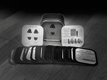 A black and white photo of several of the Tappy Feet Tap Step Card Deck cards.